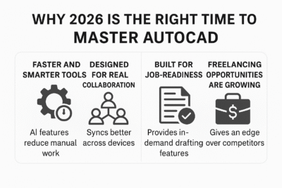 Infographic showing four reasons why 2026 is the best time to master AutoCAD: faster tools, better collaboration, job readiness, and growing freelancing demand.