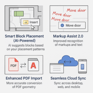 Infographic showing four new features in AutoCAD 2026: Smart Block Placement, Markup Assist 2.0, Enhanced PDF Import, and Seamless Cloud Sync, each with icons and short descriptions.