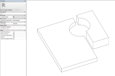 Properties panel showing Revit family settings like Work Plane-Based and Cut with Voids When Loaded.