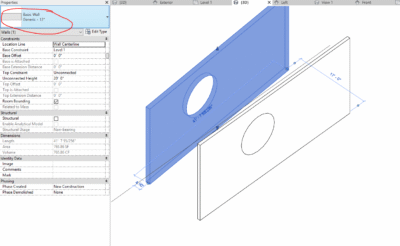 3D view of Revit wall with void cut, showing selected generic wall type and dimension details.