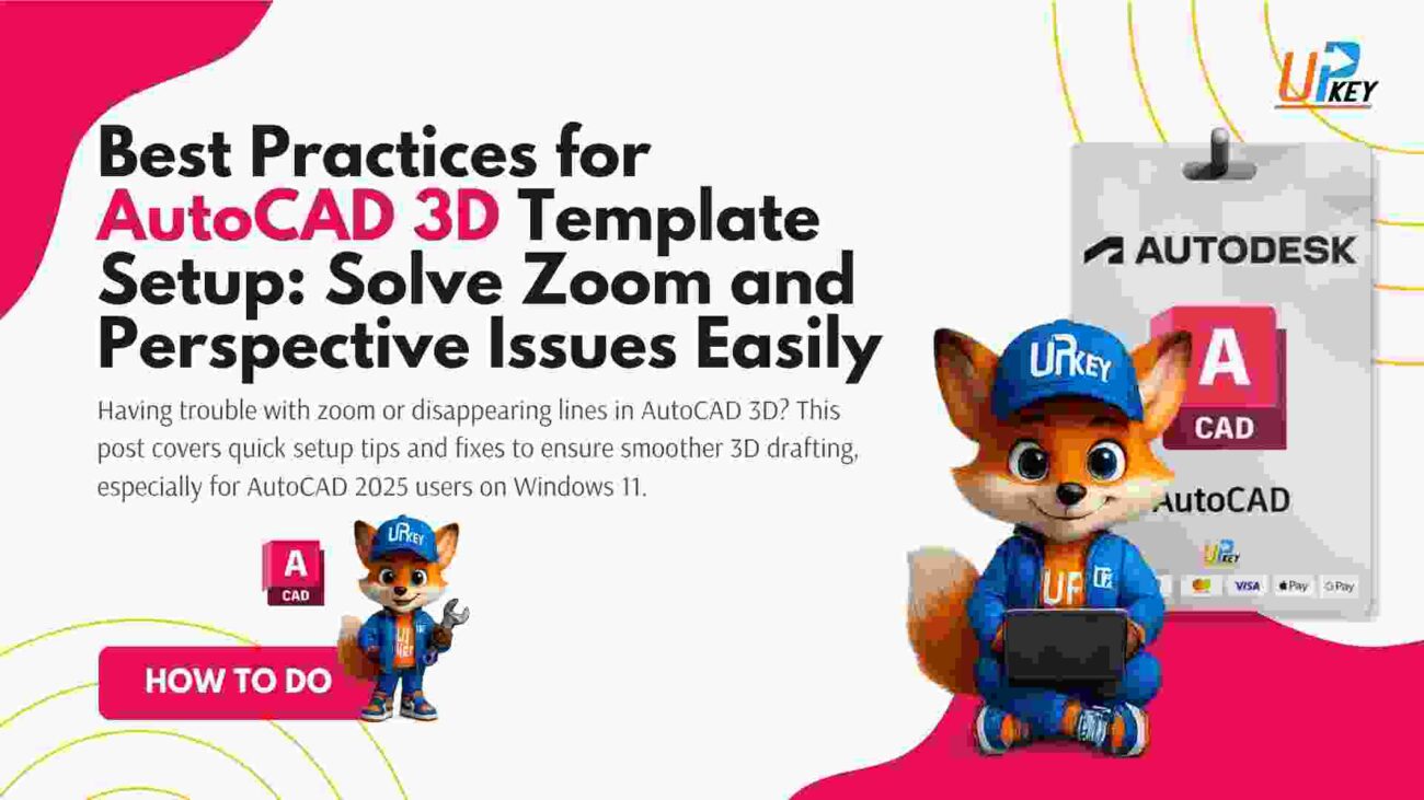 Cover image showing best practices for AutoCAD 3D template setup with UpkeyStore mascot and AutoCAD license badge
